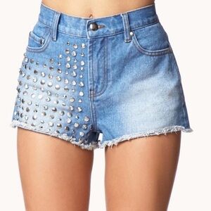 Forever 21 Light Blue Studded High-Waist Denim Shorts